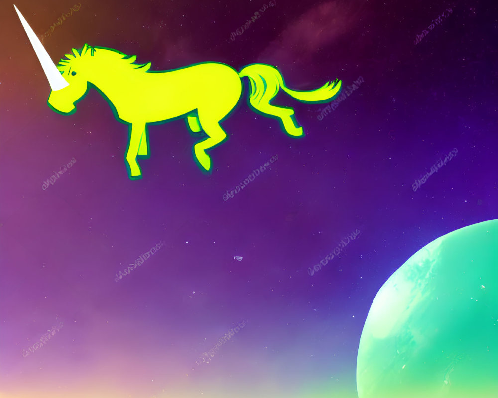 Silhouette of unicorn on cosmic background with stars and planet