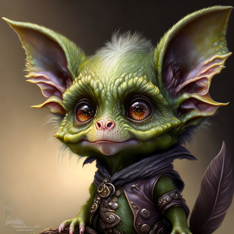 Fantastical creature with pointy ears, big eyes, green skin, leather outfit, feather accessory