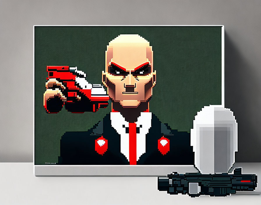 8-bit Bald Man Digital Artwork with Gun, Suit, Red Tie, and Pixelated Accessories