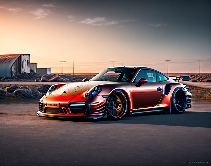 Custom Porsche 911 with Body Kit and Paint Job at Sunset
