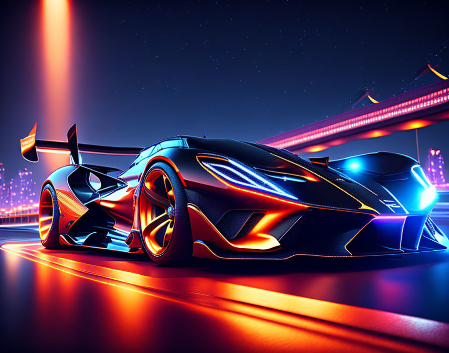 Futuristic neon race car on glowing night track with cityscape.