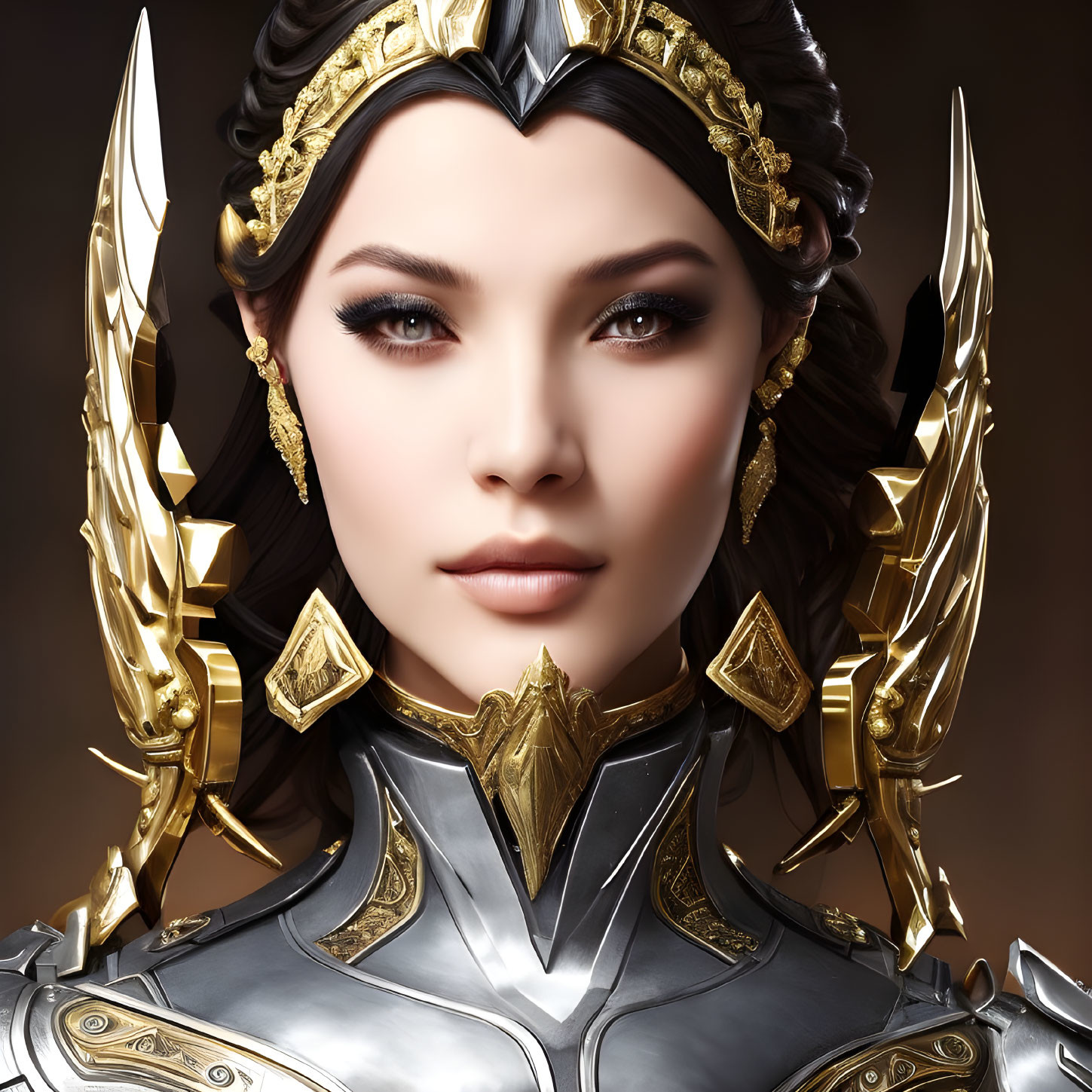 Portrait of woman with striking makeup in golden headgear and armor on dark background