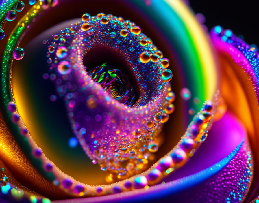 Vibrant swirling colors and water droplets create abstract kaleidoscopic pattern