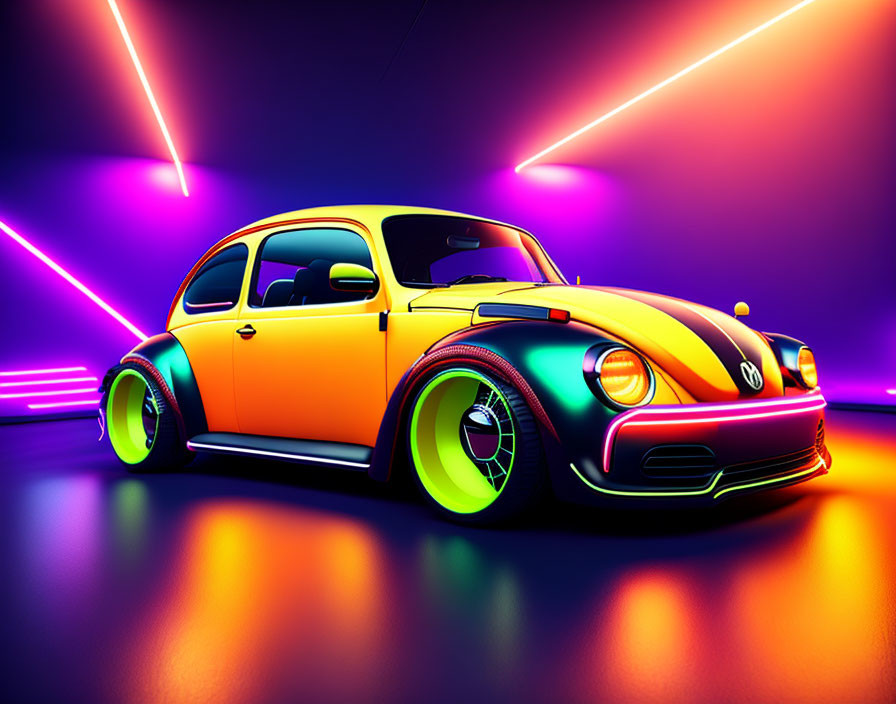 Colorful Neon Volkswagen Beetle under Laser Lights