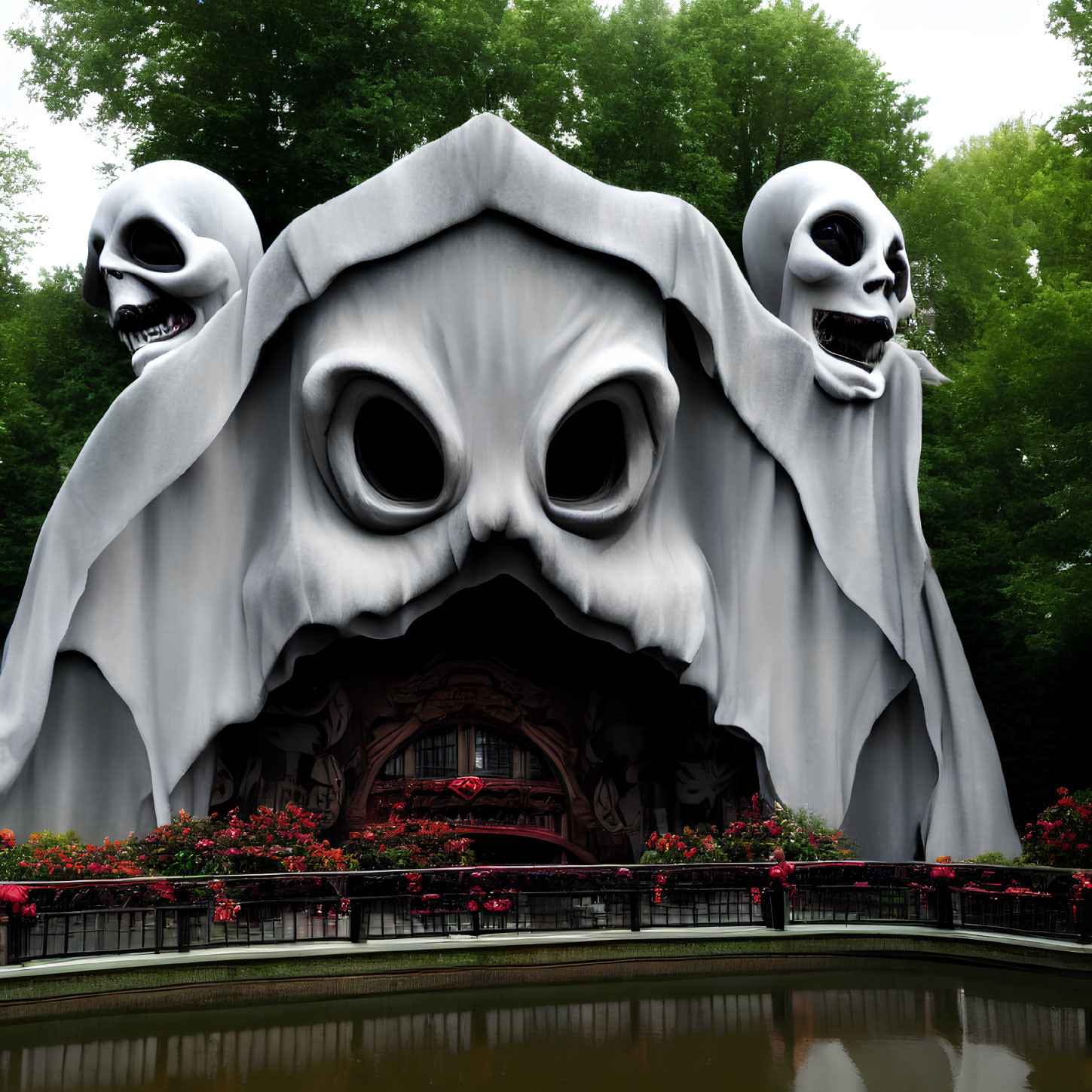 Ghostly Face Building with Screaming Skulls Surrounded by Greenery