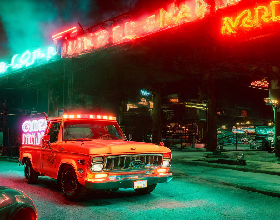 Vintage red pickup truck on neon-lit street at night with glowing signs in vivid colors