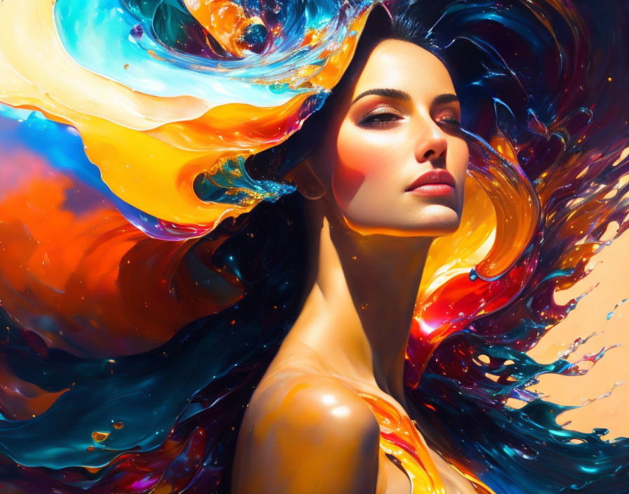Serene woman surrounded by vibrant liquid art swirls