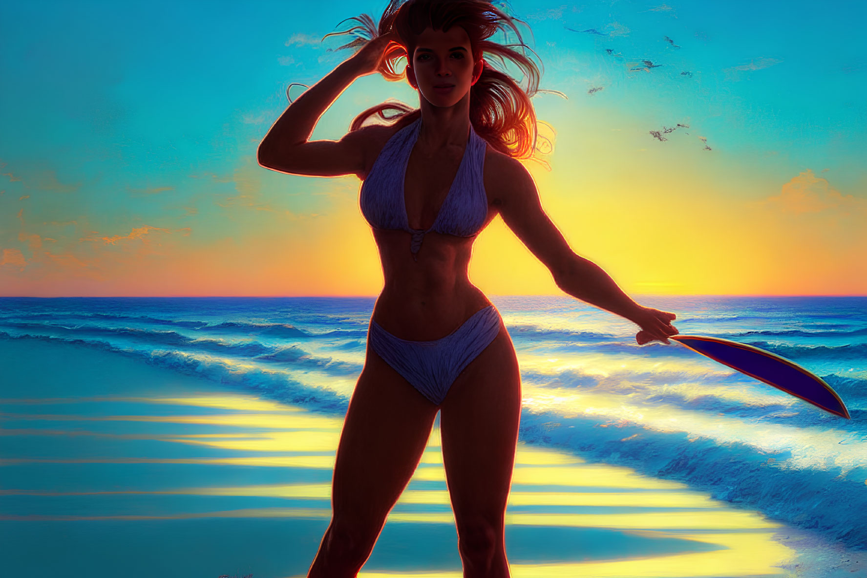 Woman in bikini with frisbee on beach at sunset with waves and birds