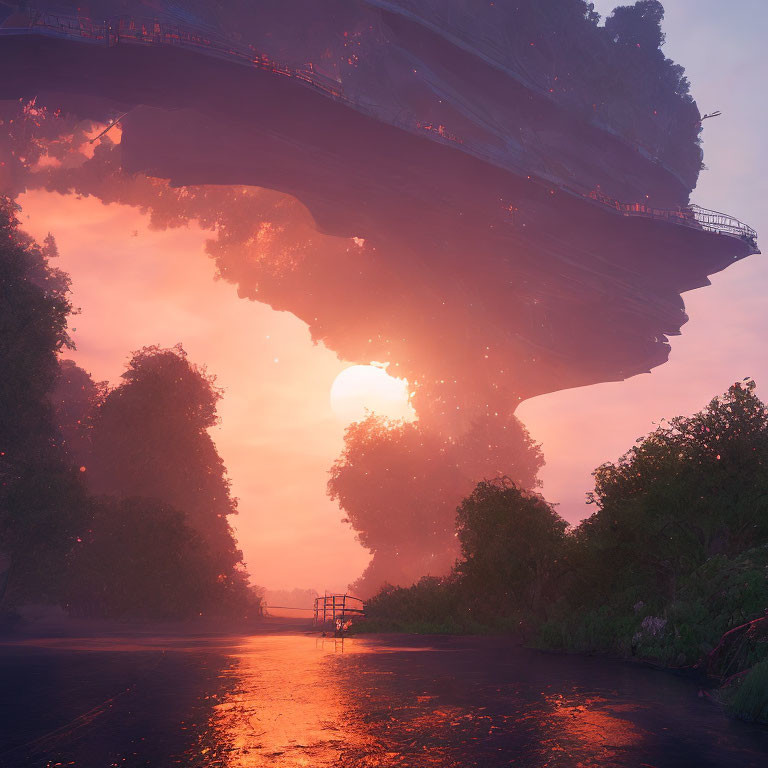 Mystical floating island with bridge over pink sunset river