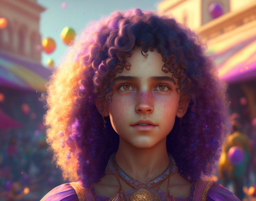 Colorful Digital Art Portrait of Young Person with Curly Hair and Freckles