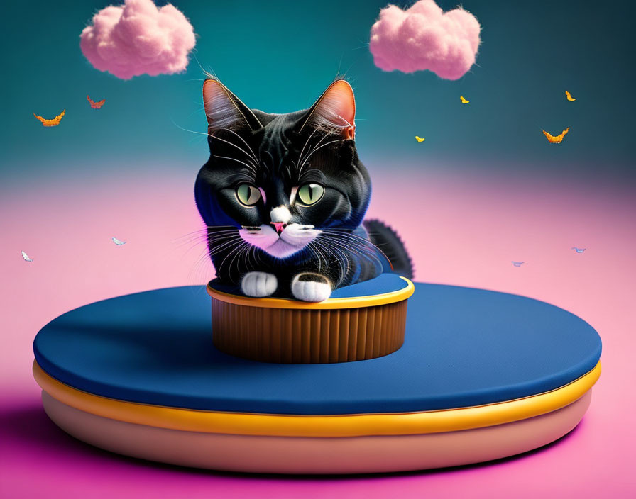Stylized black cat with green eyes on cushioned platform among pink clouds and butterflies