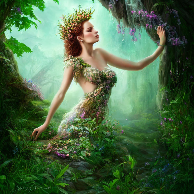 Woman in floral dress and crown in lush woodland scene with hanging blossom