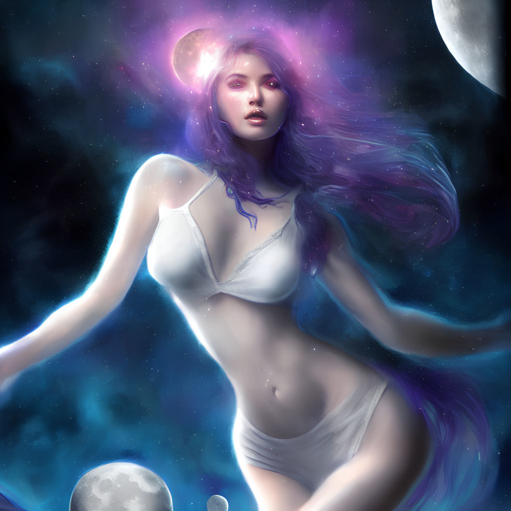 Violet-haired woman in cosmic scene with planets and nebula