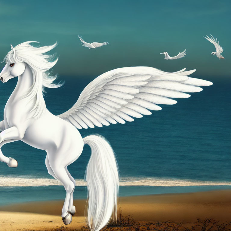 White Pegasus Galloping Above Beach and Ocean