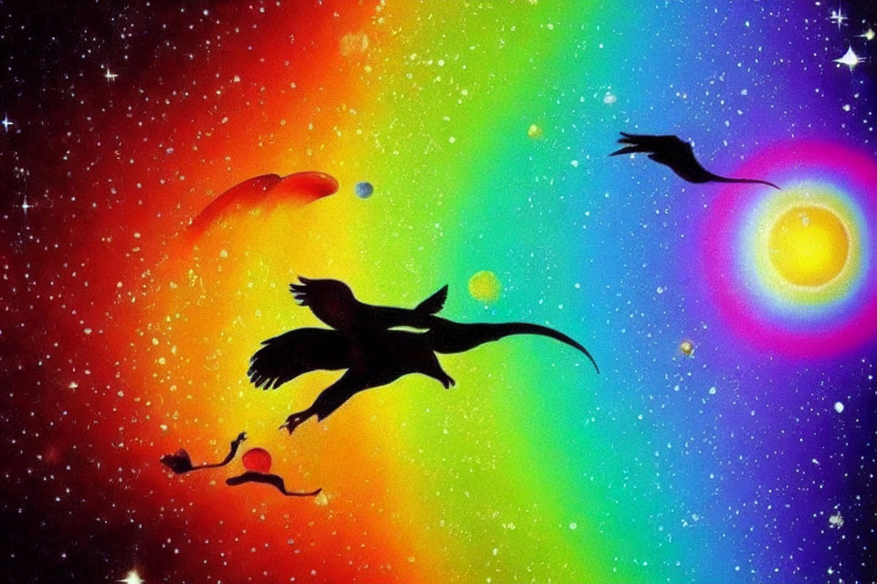 Colorful Birds Soar in Rainbow Space with Celestial Elements