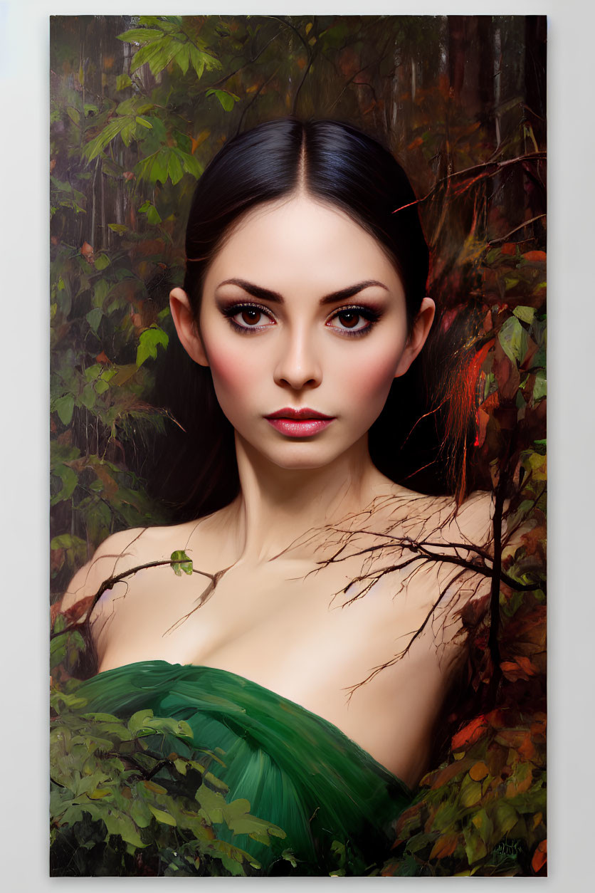 Dark-haired woman in green blending with autumn forest background