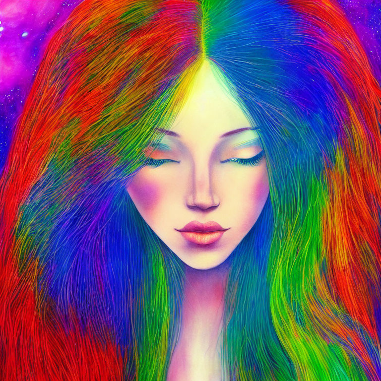 Colorful digital artwork: Woman with rainbow hair in cosmic setting