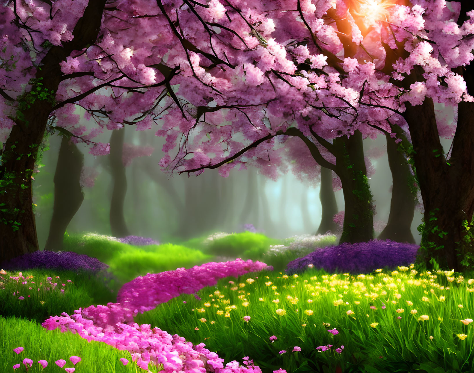 Lush forest glade with pink cherry blossoms, sunlight, and colorful flowers