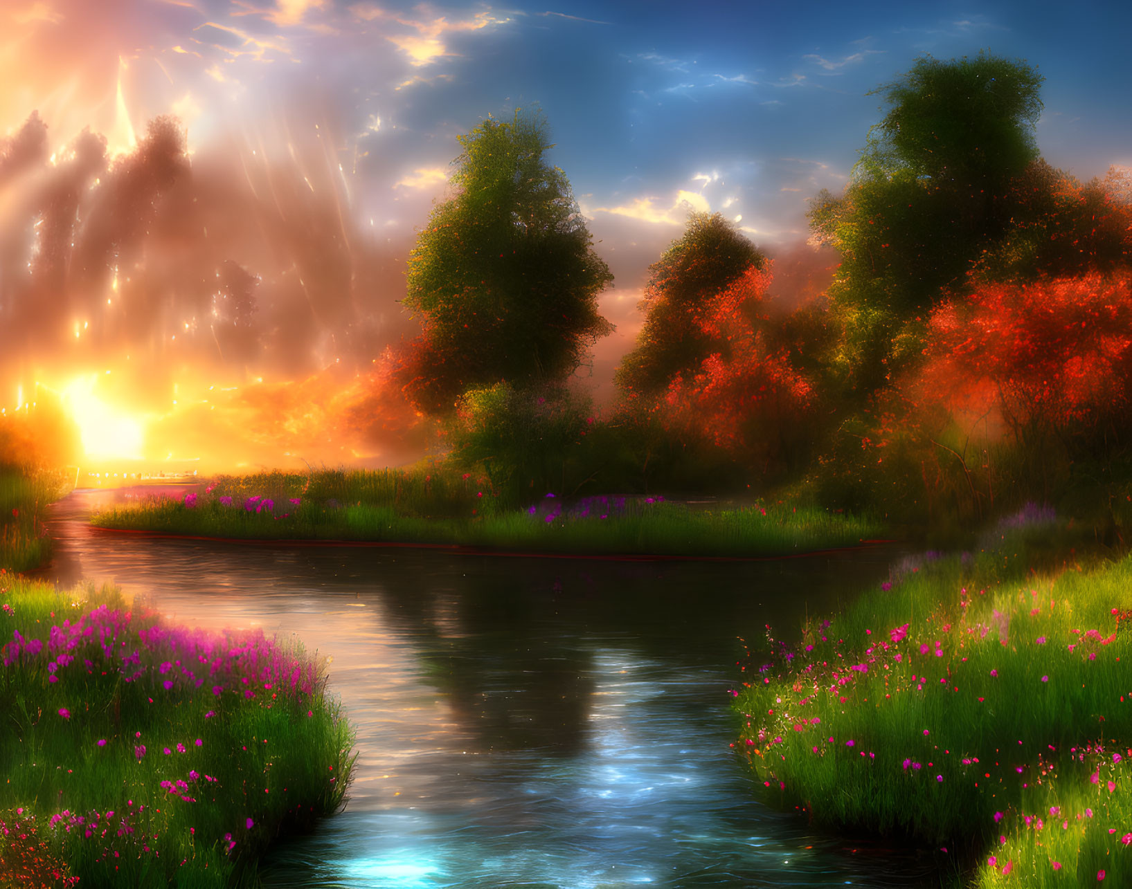 Serene river sunset with vibrant flowers, misty light rays, and autumn trees