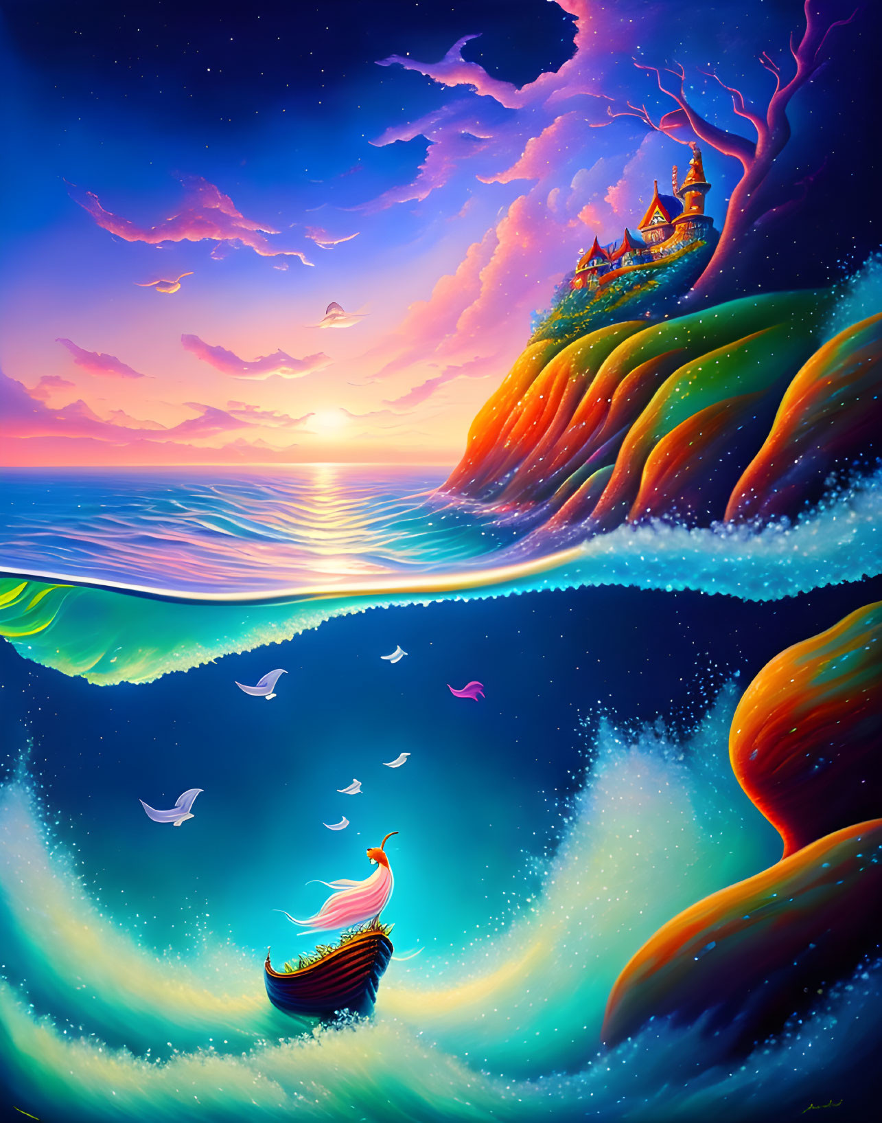Fantastical sunset seascape with boat, birds, fish, hills, and castle