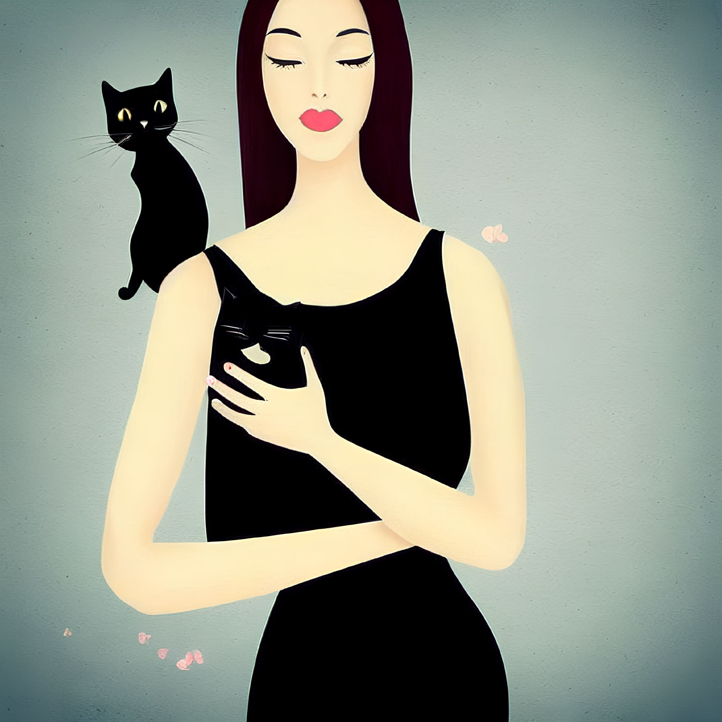 Illustrated woman in black dress with black cat and pink butterflies on teal background