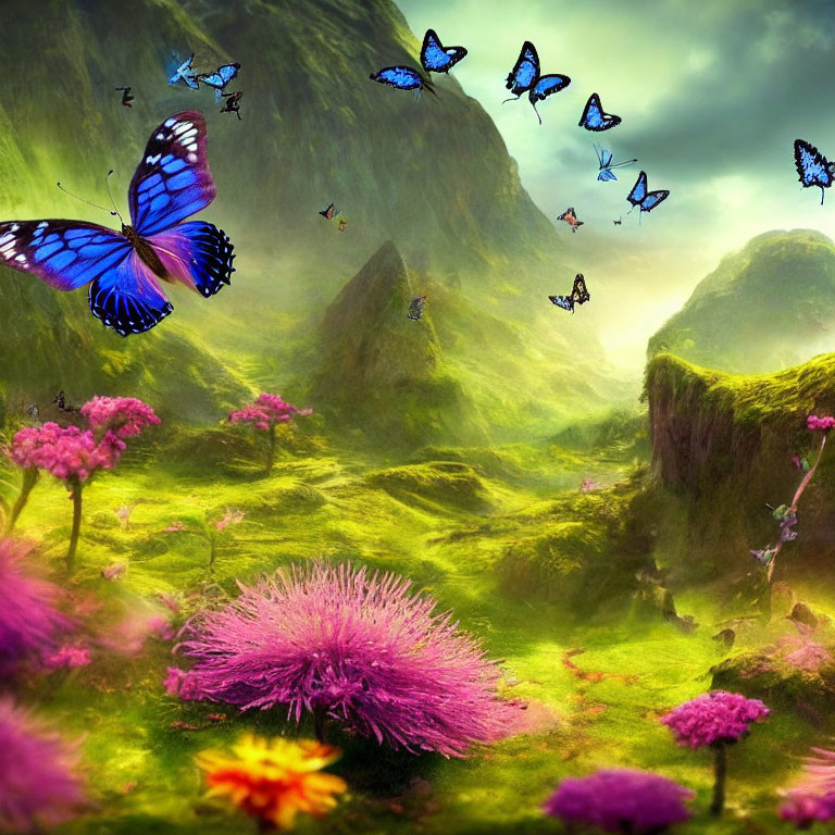 Blue Butterflies Flying over Lush Green Meadow with Pink Flowers and Moss-Covered Hills