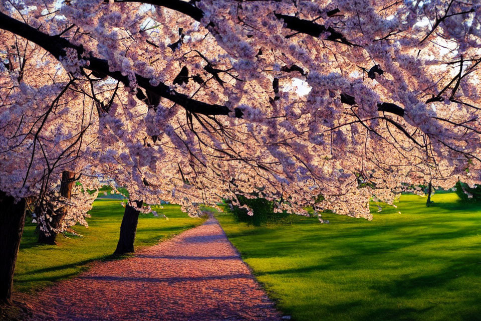 Blooming cherry blossom trees casting soft shadows at sunset