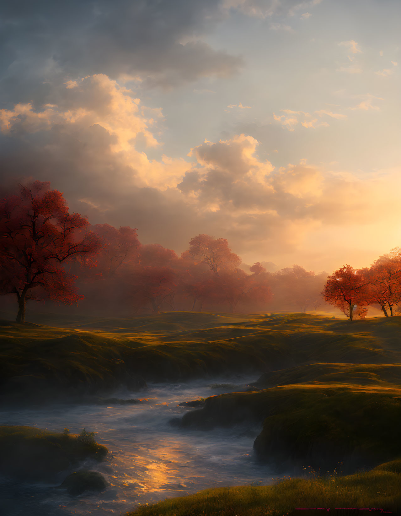 Tranquil Sunset Scene: River, Sunlit Clouds, Autumn Trees