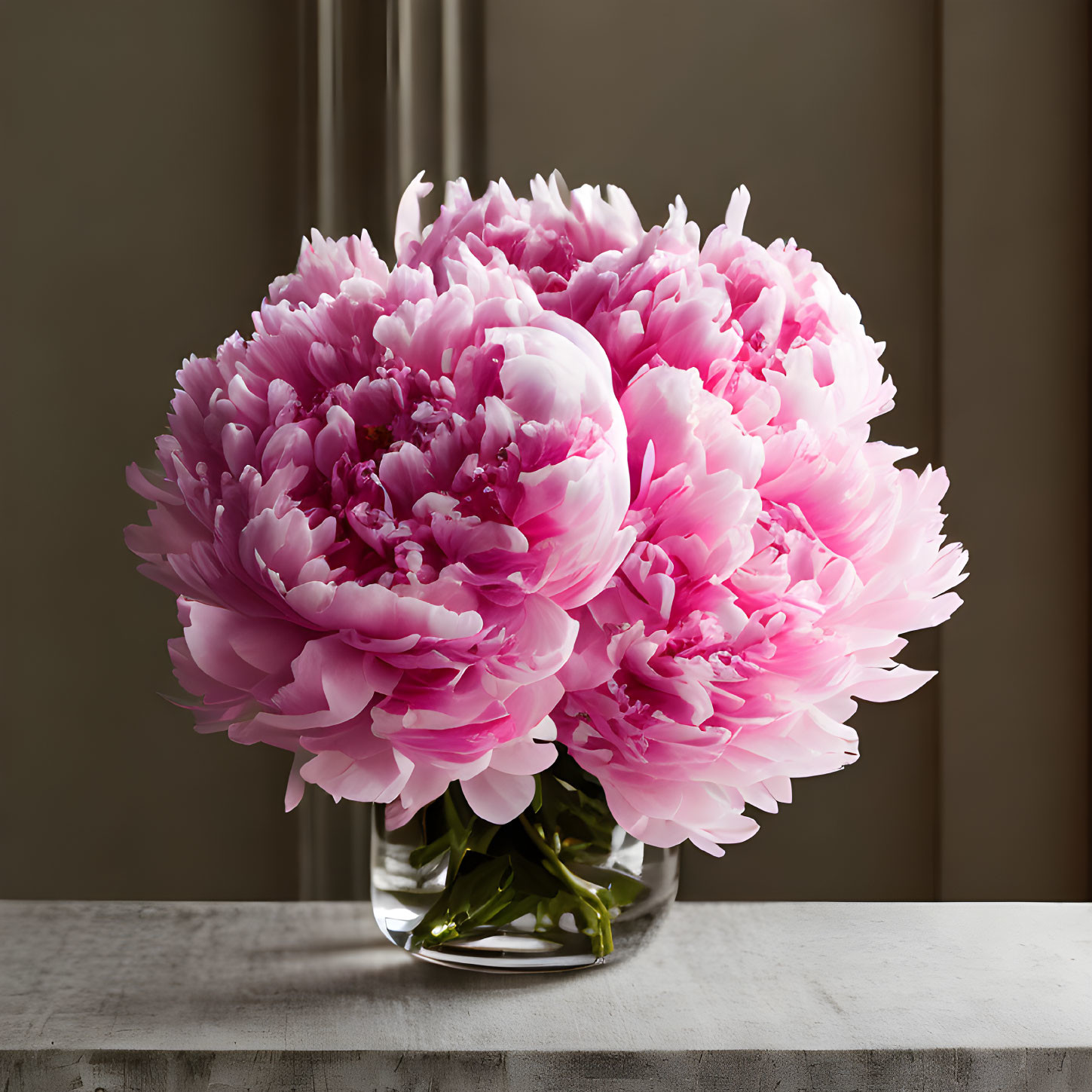 Full Blooming Pink Peonies in Glass Vase on Table