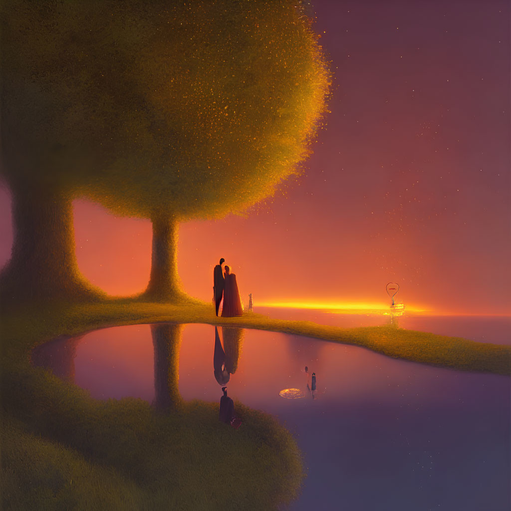 Couple under glowing tree by lake at sunset with surreal purple sky