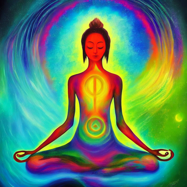 Colorful illustration of person in lotus position with aligned chakras in cosmic setting