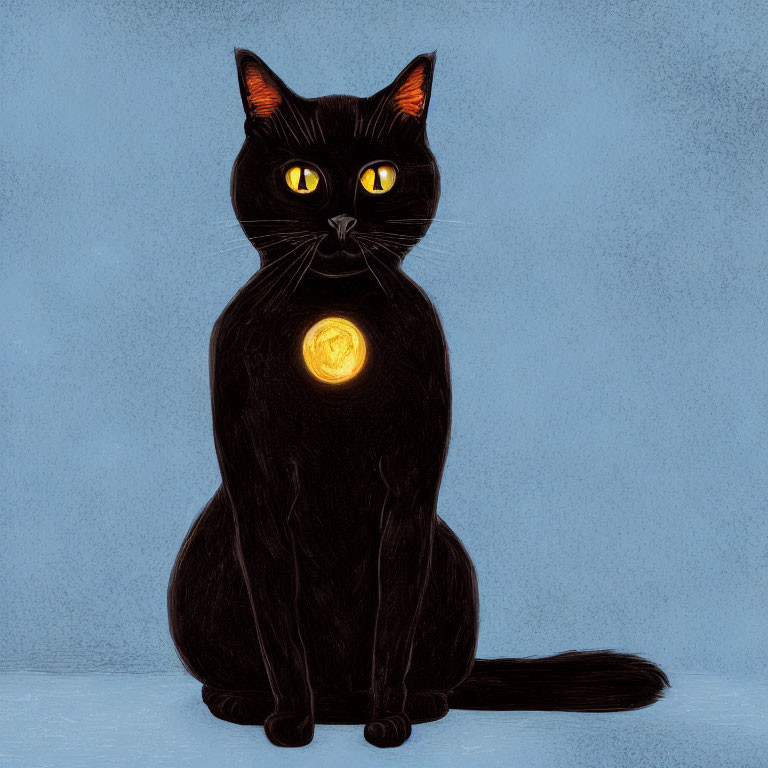 Black Cat with Yellow Eyes and Glowing Orb on Blue Background