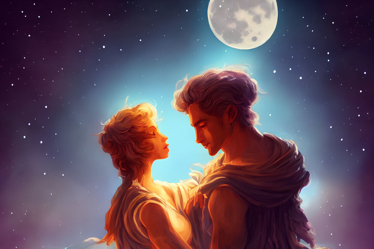 Romantic couple under starry night sky with full moon