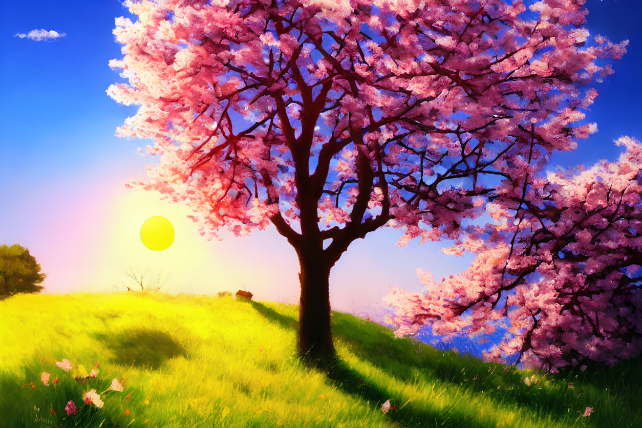Scenic landscape with blooming cherry blossom tree on grassy hill