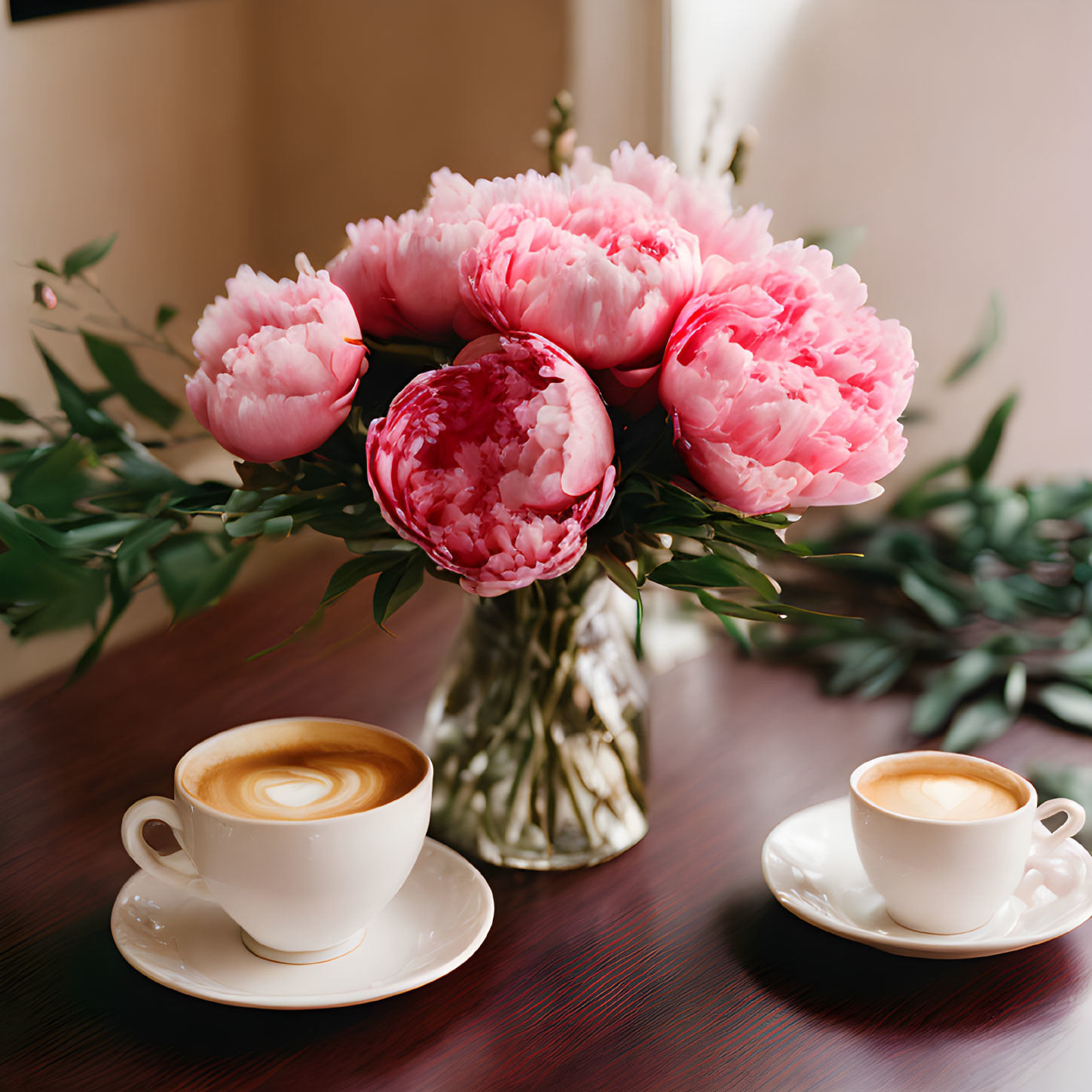 Pink peonies bouquet with cappuccino cups on table