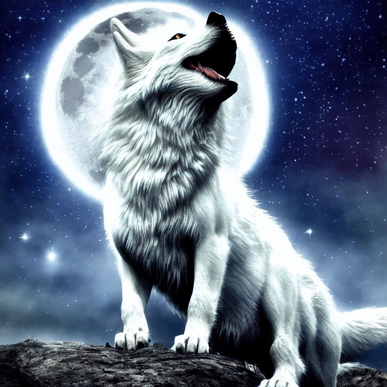 White wolf howling at full moon in starry night sky