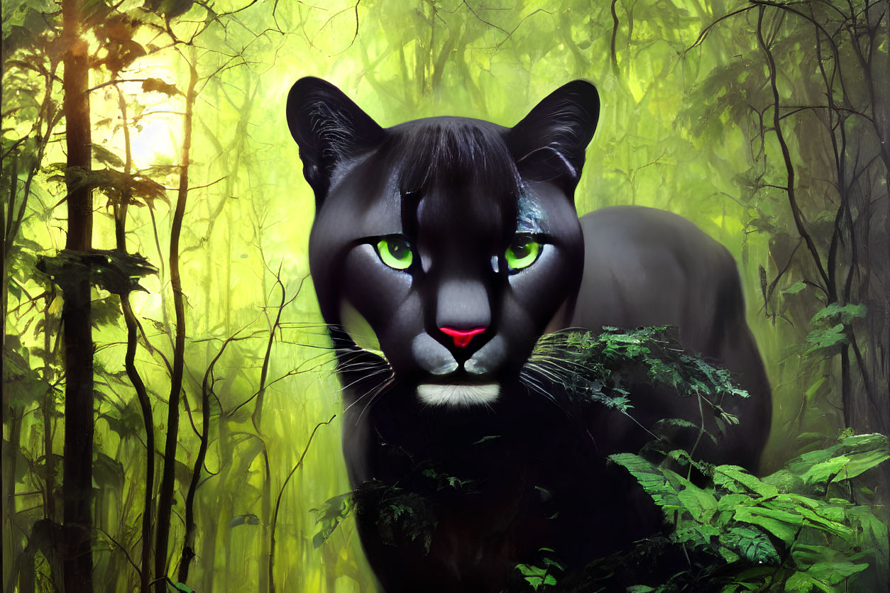 Stylized image of large black panther in misty forest