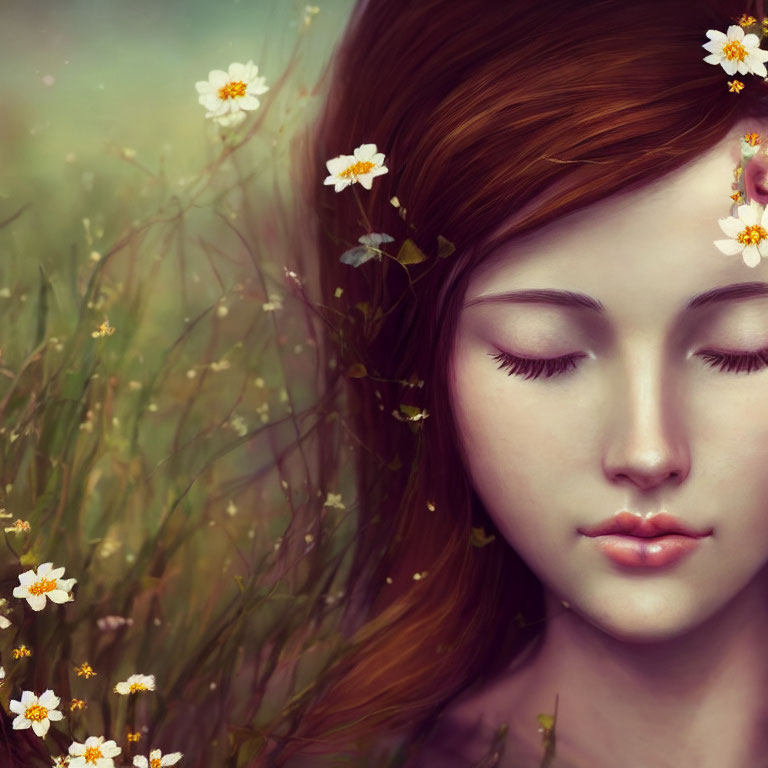 Woman with closed eyes in daisy field with auburn hair.