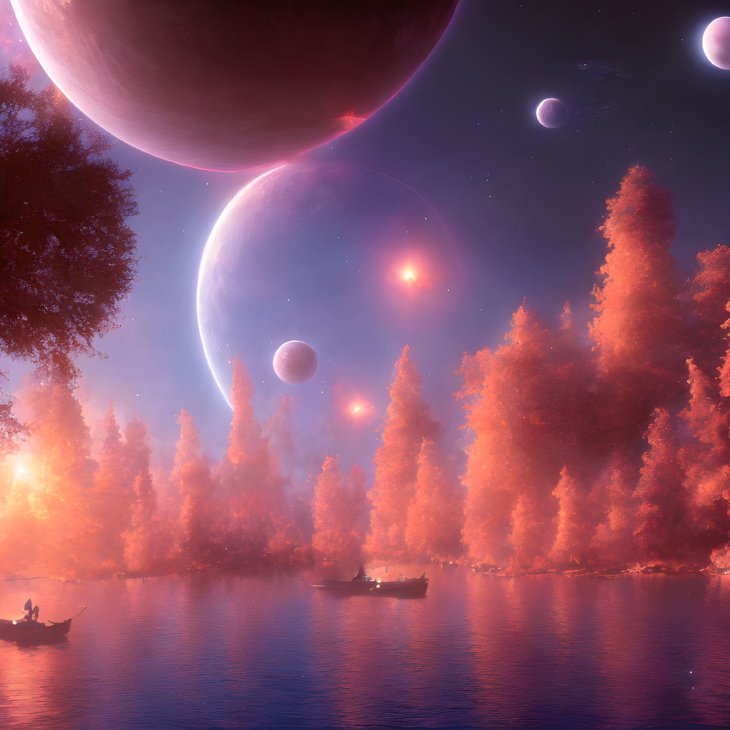 Digital artwork of serene lake with orange trees, surreal sky, moons, and nebula.