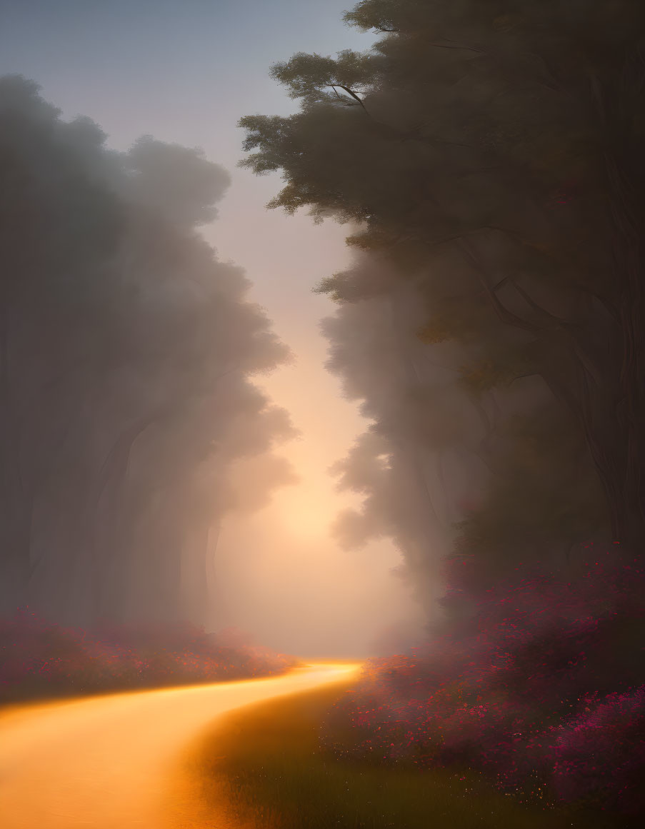 Misty forest path with pink flowers under warm light