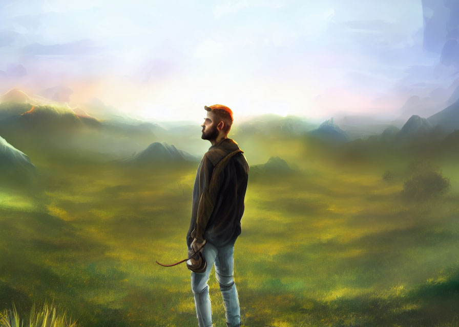 Bearded man with sword gazing at sunrise over mountains