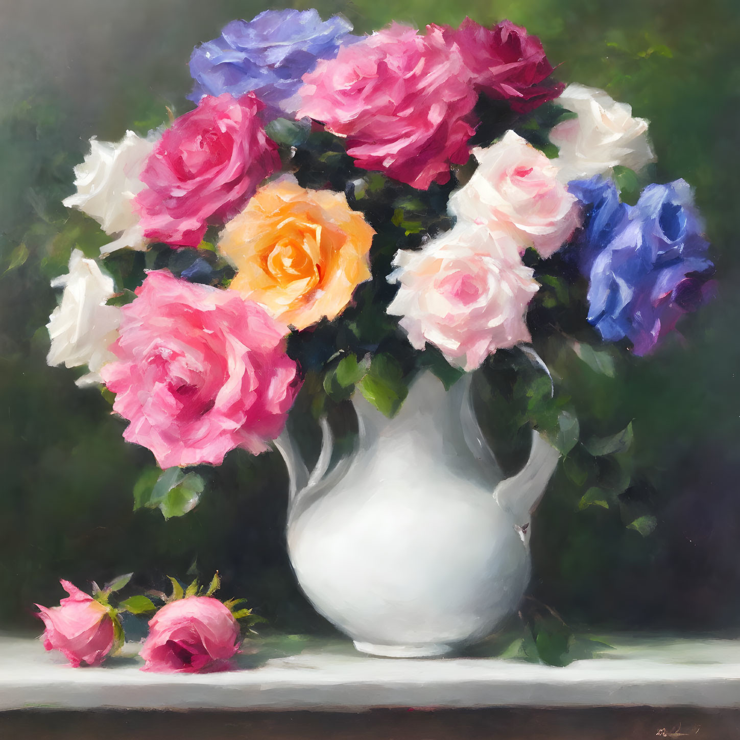 Colorful Roses Oil Painting in White Vase