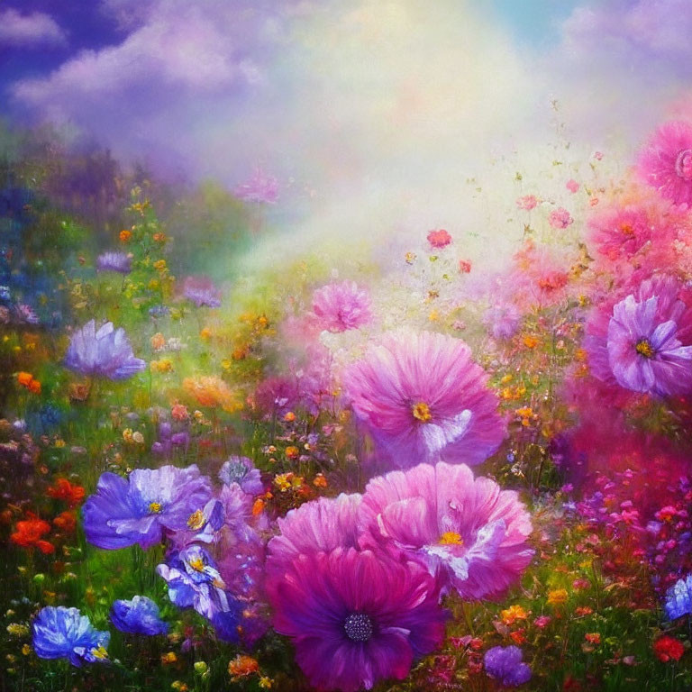 Colorful Flower Field Painting with Pink and Blue Blossoms