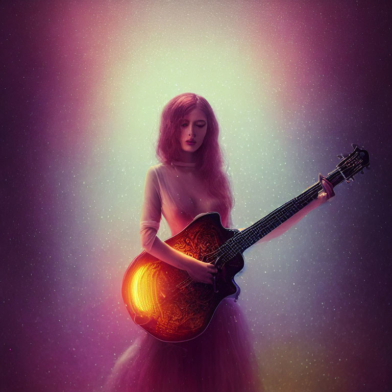 Red-Haired Woman Holding Guitar in Purple and Pink Setting