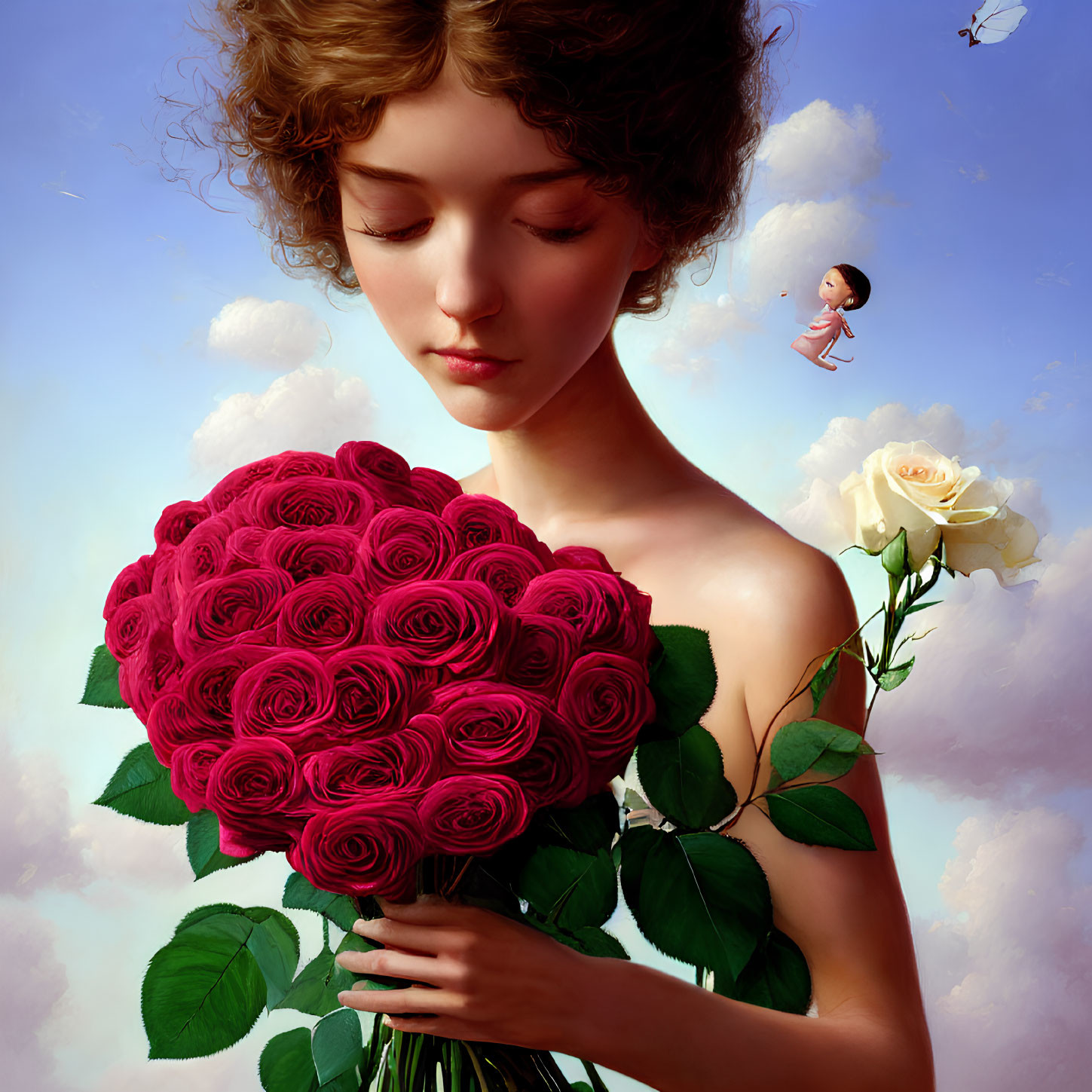 Surreal woman with curly hair holding roses under cloudy sky