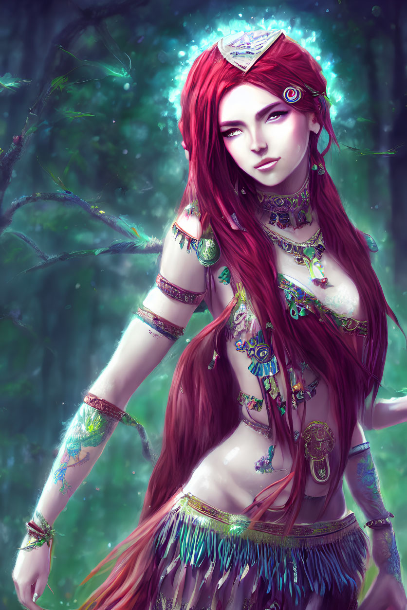 Fantasy character with red hair, jewelry, and tattoos in lush forest.