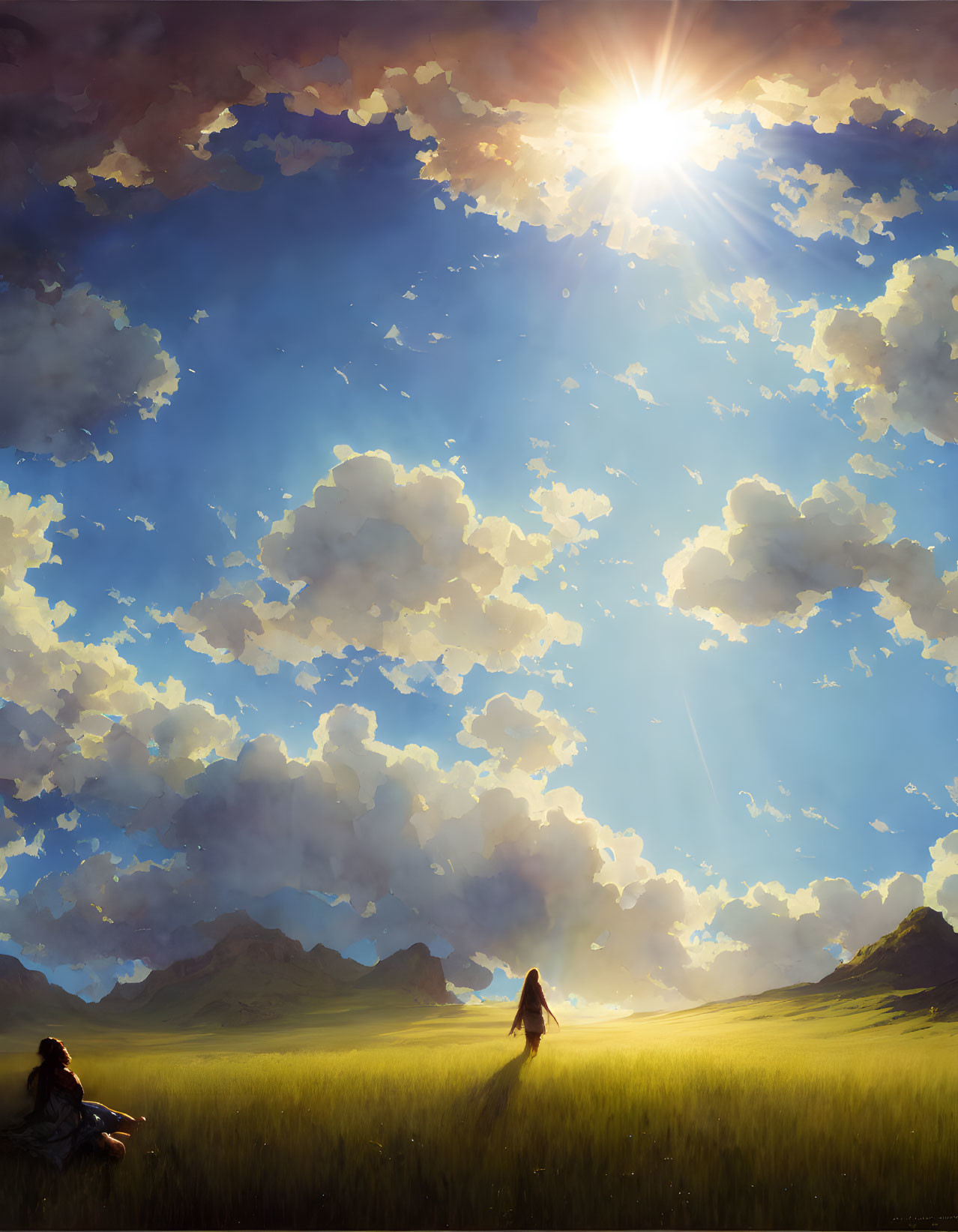 Serene field with two people, tall grass, majestic sky, and distant mountains.