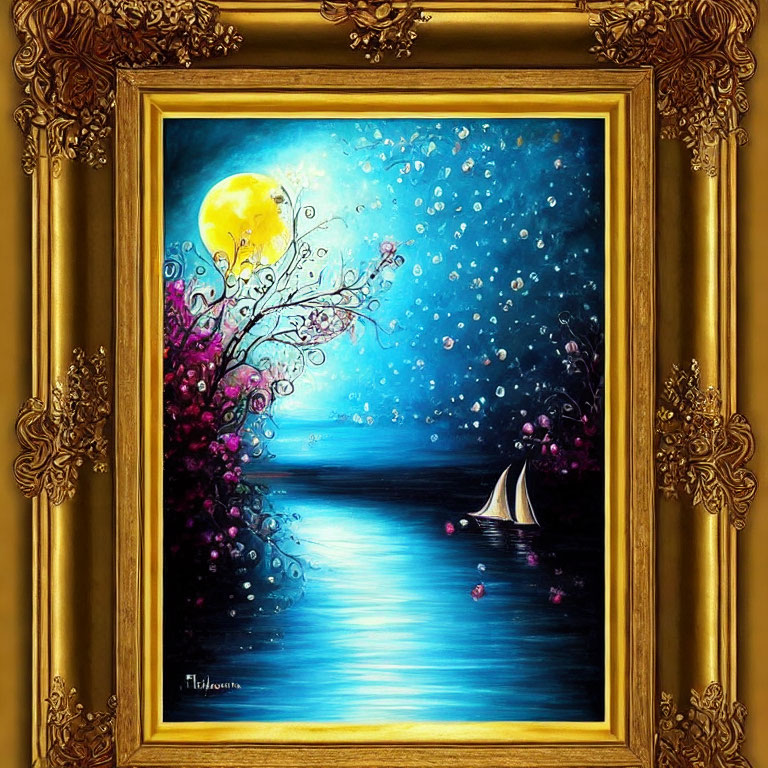 Framed Painting: Moonlit Night, Sailing Boat, Cherry Blossoms