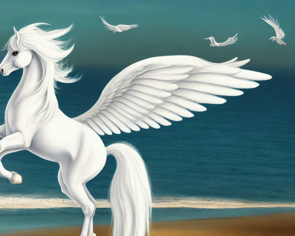 White Pegasus Galloping Above Beach and Ocean