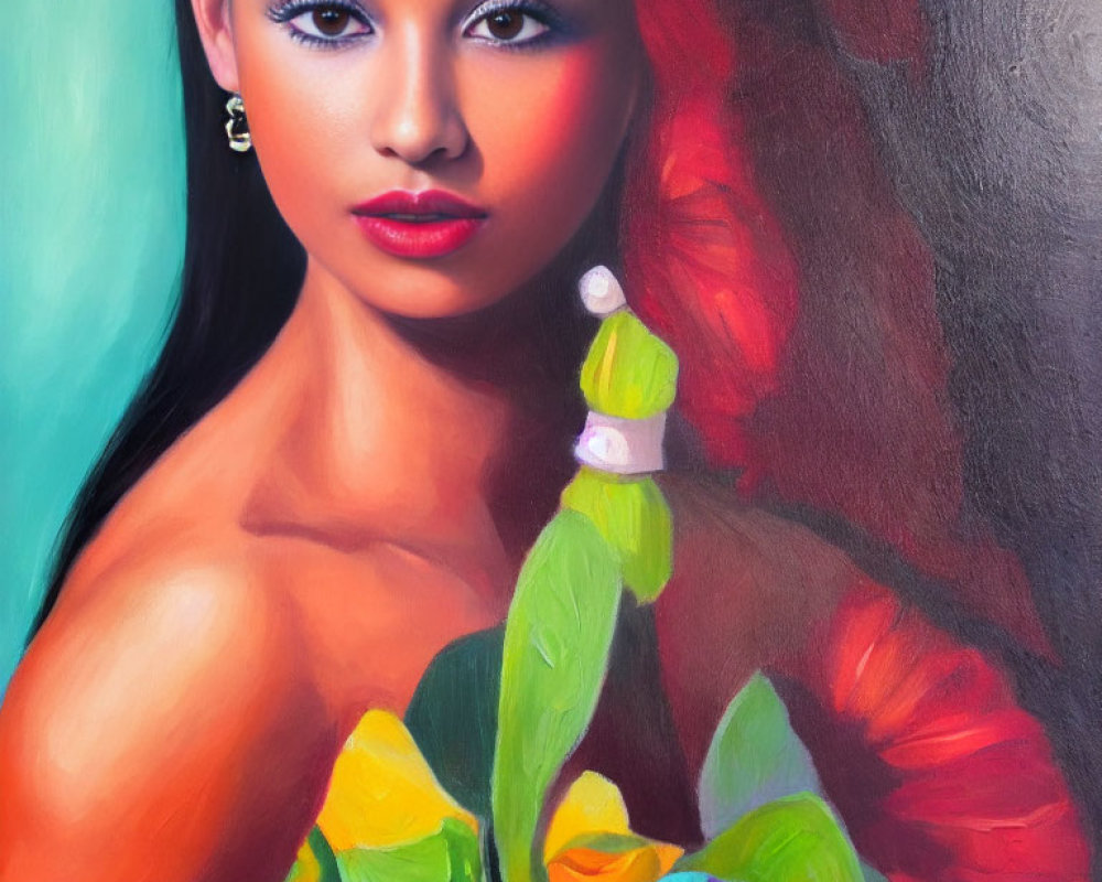 Vibrant portrait of a woman with striking eyes and earrings beside colorful flowers on dual background